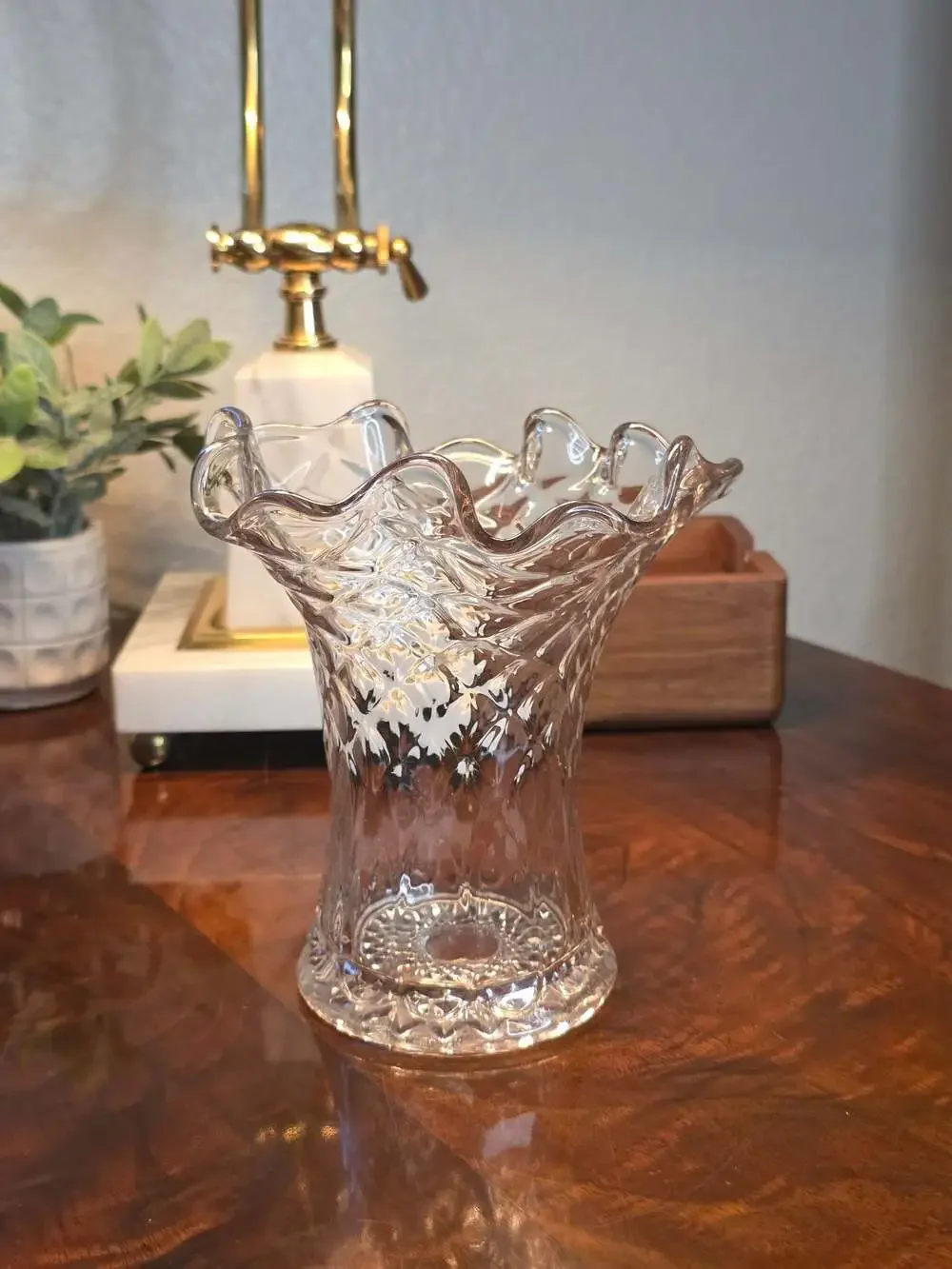 Antique Jefferson Glass Clear Pressed Glass Diamond and Thumbprint Ruffled Vase
